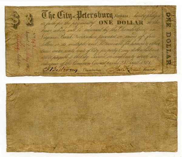 Obsolete banknote - 1-dollar, Petersburg, VA, 1861, Civil War CSA