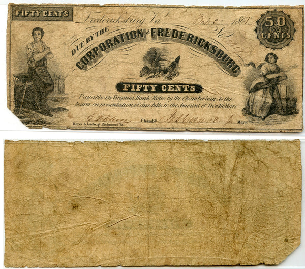 Obsolete banknote - 50-cents, Fredericksburg, VA, 1861, Civil War CSA