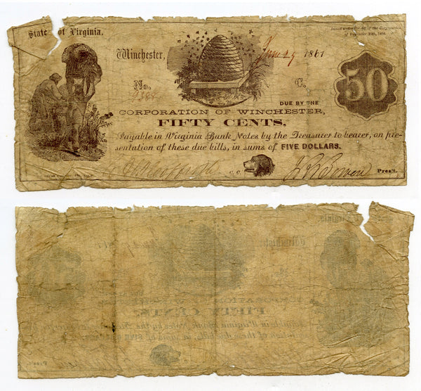 Obsolete banknote - 50-cents, Winchester, VA, 1861, Civil War CSA