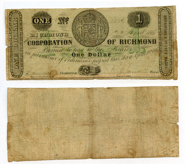 Obsolete banknote - 1-dollar w/coin, Richmond, VA, 1861, Civil War CSA