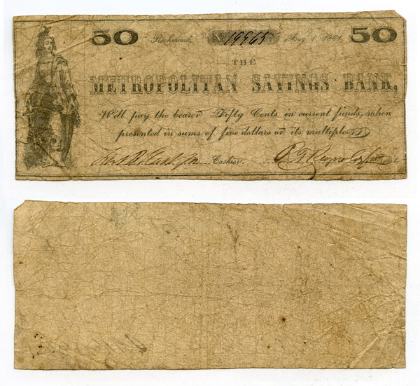 Obsolete banknote - 50-cents, Metropolitan Savings Bank, VA, 1861, Civil War CSA