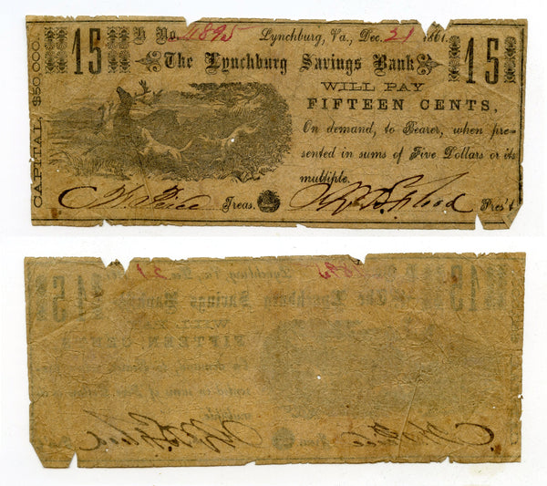 Obsolete banknote - 15-cents, Lynchburg Savings Bank, VA, 1861, Civil War CSA