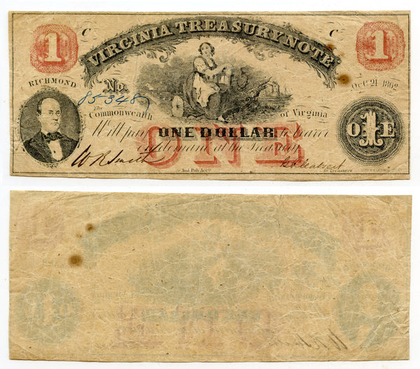 Obsolete banknote - 1-dollar, Virginia Treasury Note, 1862, Civil War CSA issue