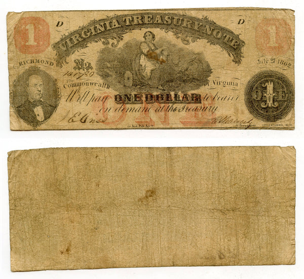 Obsolete banknote - 1-dollar, Virginia Treasury Note, 1862, Civil War CSA issue