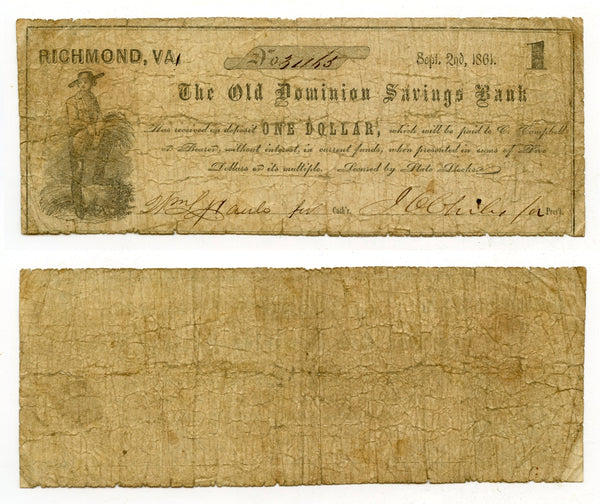 Obsolete banknote - 1-dollar, the Old Dominion Savings Bank, VA, 1861