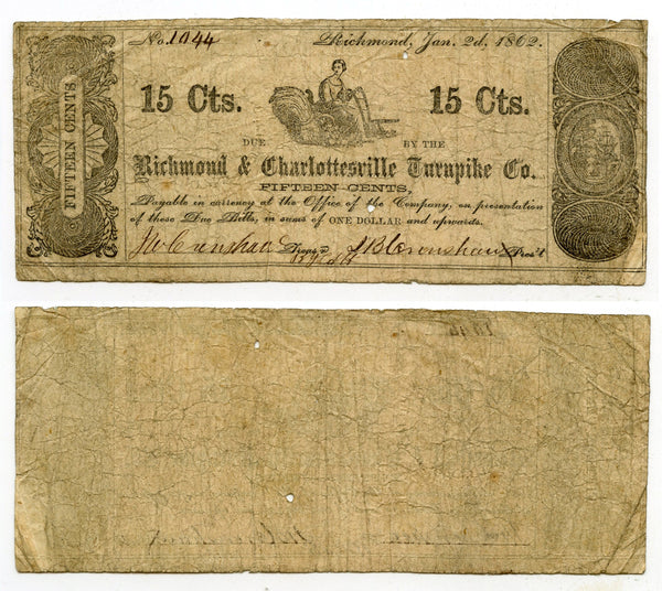 Obsolete banknote - 15-cents, Richmond and Charlottesville Turnpike Co, VA, 1862