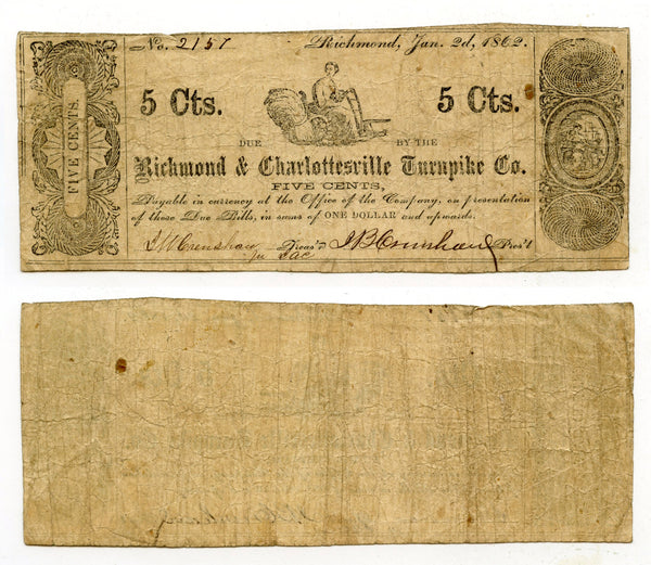 Obsolete banknote - 5-cents, Richmond and Charlottesville Turnpike Co, VA, 1862