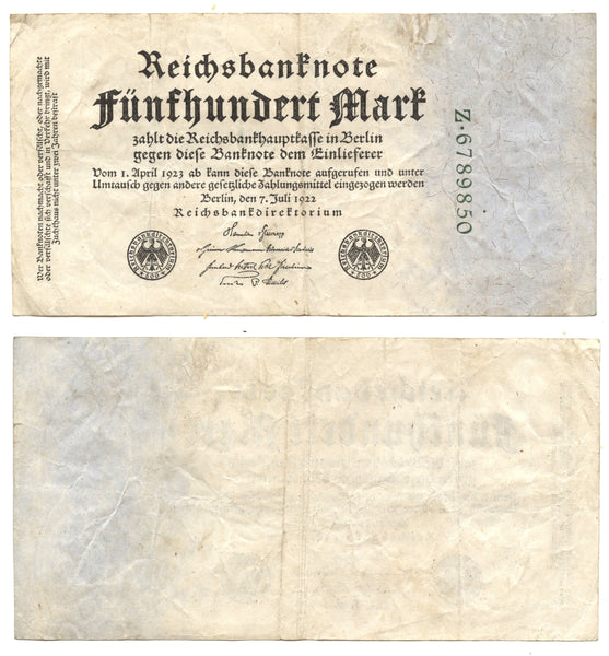 500 marks, 1922, Weimar Republic (1918-1933), Germany (Pick-74)