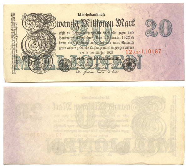 20 million mark, 1923, Weimar Republic (1918-1933), Germany (Pick-97)