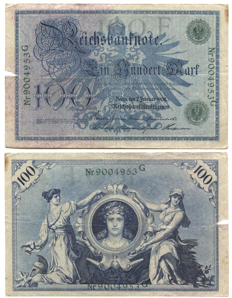 100 marks w/green seals, 1908, printed after WWI, Germany (Pick-34)