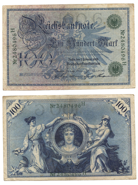 100 marks w/green seals, 1908, printed after WWI, Germany (Pick-34)