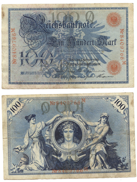 100 marks w/red seals, 1908, Wilhelm II (1888-1918), Germany (Pick-33)