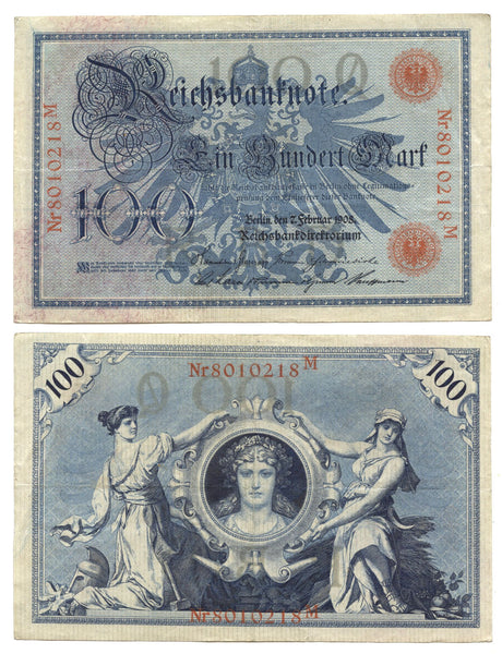 100 marks w/red seals, 1908, Wilhelm II (1888-1918), Germany (Pick-33)