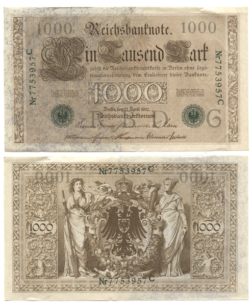 Green seal 1000 marks, 1910, Germany (Pick-45)