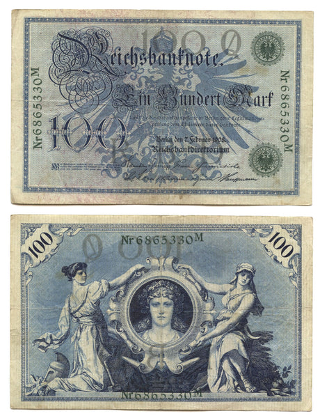 100 marks w/green seals, 1908, printed after WWI, Germany (Pick-34)