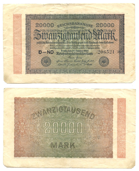 20 000 marks, 1923, Weimar Republic (1918-1933), Germany (Pick-85)