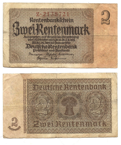 2 Rentenmark, 1937, Nazi Germany (Pick-174)