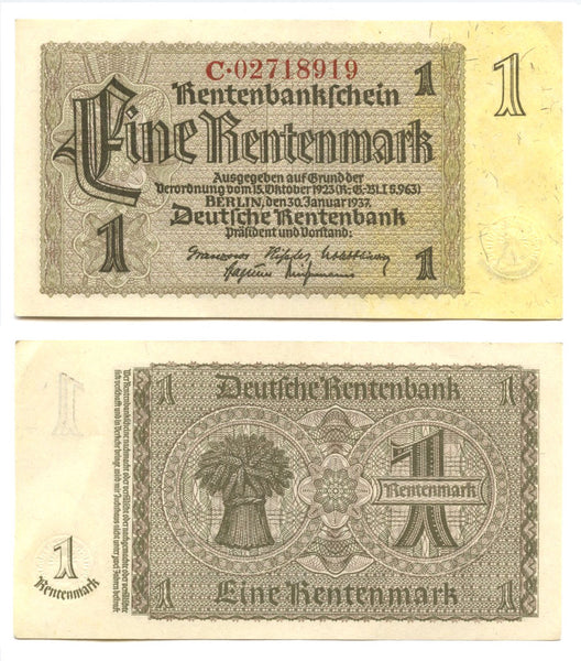 Nice quality 1 Rentenmark, 1937, Nazi Germany (Pick-173)