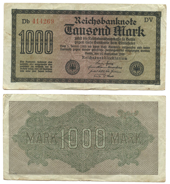 1000 marks, 1922, Weimar Republic (1918-1933), Germany (Pick-76)