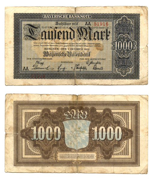 1000 marks, 1922, Weimar Republic, Federal State of Bavaria