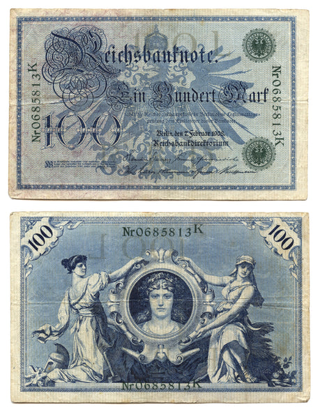 100 marks w/green seals, 1908, printed after WWI, Germany (Pick-34)