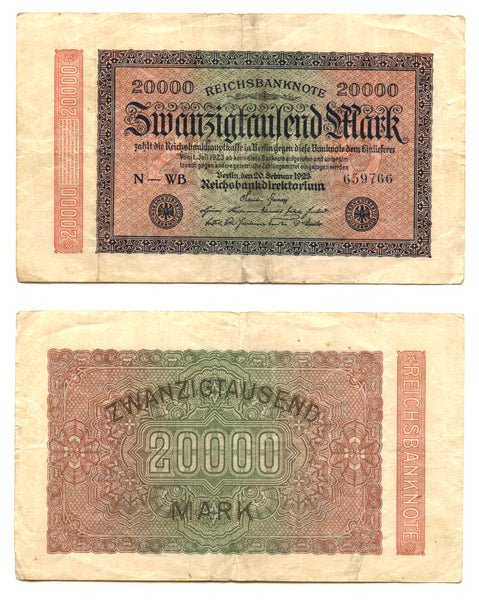 20 000 marks, 1923, Weimar Republic (1918-1933), Germany. (Pick-85)