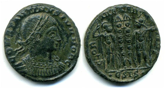 GLORIA EXERCITVS follis of Constantine II as Caesar (317-337 CE), Siscia, Roman Empire