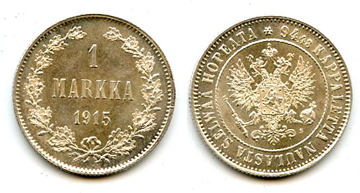 Silver 1 markka, Nicholas II (1894-1917), 1915, Finland under Russian Empire