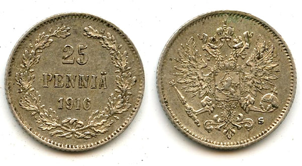 Silver 25 pennia, Nicholas II (1894-1917), 1916, Finland under Russian Empire