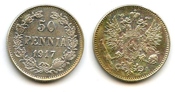 Silver 50 pennia, Nicholas II (1894-1917), 1917, Finland under Russian Empire