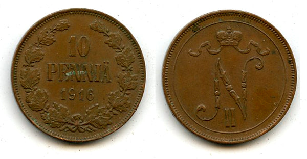 Copper 10 pennia, Nicholas II (1894-1917), 1916, Finland under Russian Empire