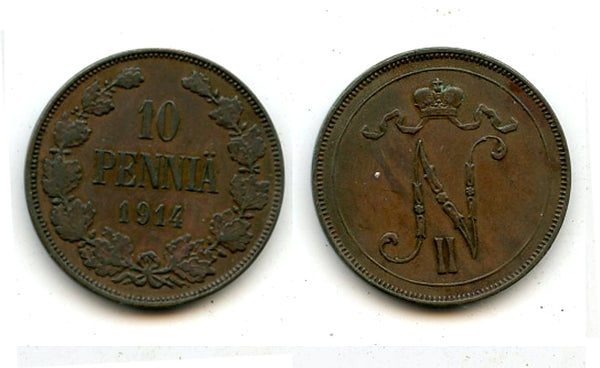 Copper 10 pennia, Nicholas II (1894-1917), 1914, Finland under Russian Empire