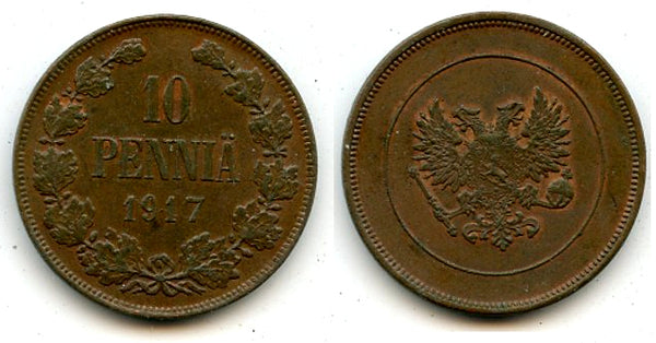 Copper 10 pennia, 1917, Civil War, Kerenski Government, Finland under Russia
