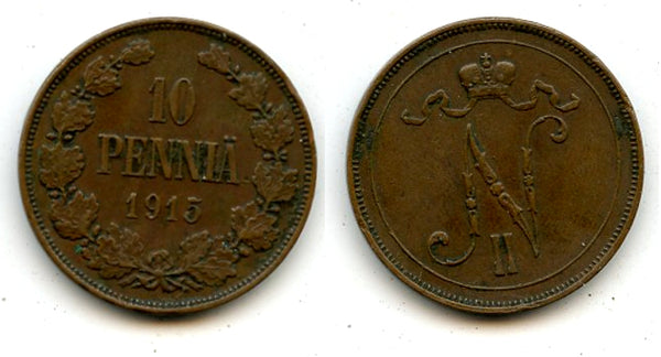 Copper 10 pennia, Nicholas II (1894-1917), 1915, Finland under Russian Empire