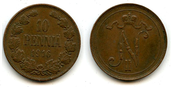 Copper 10 pennia, Nicholas II (1894-1917), 1916, Finland under Russian Empire