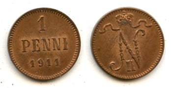 Copper 1 penni, Nicholas II (1894-1917), 1911, Finland under Russian Empire