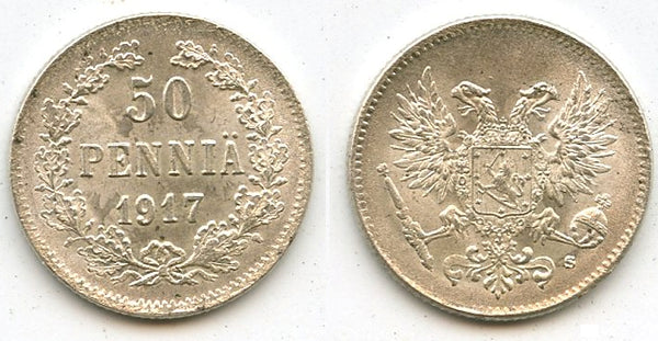 Silver 50 pennia, 1917, Civil War, Kerenski Government, Finland under Russia