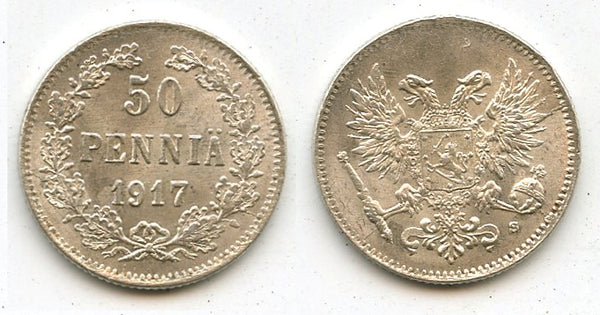 Silver 50 pennia, 1917, Civil War, Kerenski Government, Finland under Russia