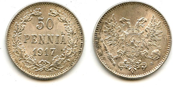 Silver 50 pennia, 1917, Civil War, Kerenski Government, Finland under Russia