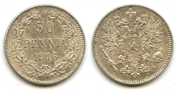 Silver 50 pennia, Nicholas II (1894-1917), 1916, Finland under Russian Empire