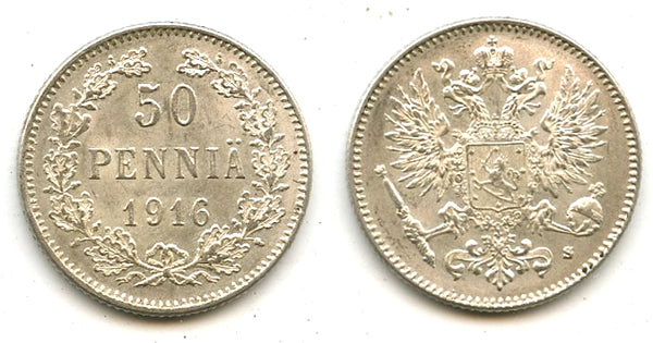 Silver 50 pennia, Nicholas II (1894-1917), 1916, Finland under Russian Empire