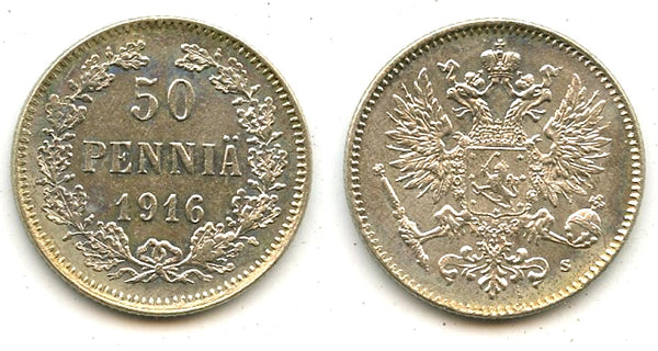 Silver 50 pennia, Nicholas II (1894-1917), 1916, Finland under Russian Empire