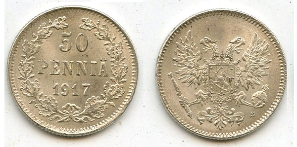 Silver 50 pennia, 1917, Civil War, Kerenski Government, Finland under Russia