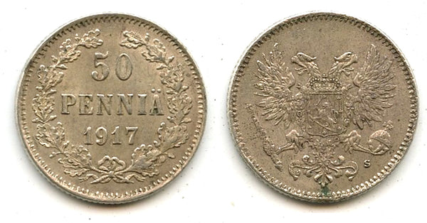 Silver 50 pennia, 1917, Civil War, Kerenski Government, Finland under Russia