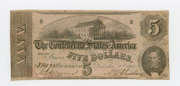 Civil War issue 5$, CSA (Confederate States of America), 1862, T-53, CR#382