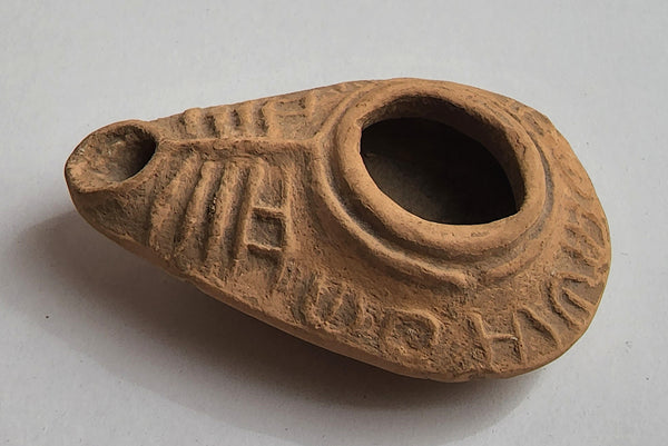 Rare authentic clay lamp, Judaea, Byzantine period, 6th-8th century AD - early Christian type with "The light of Christ shines on us all" inscription,