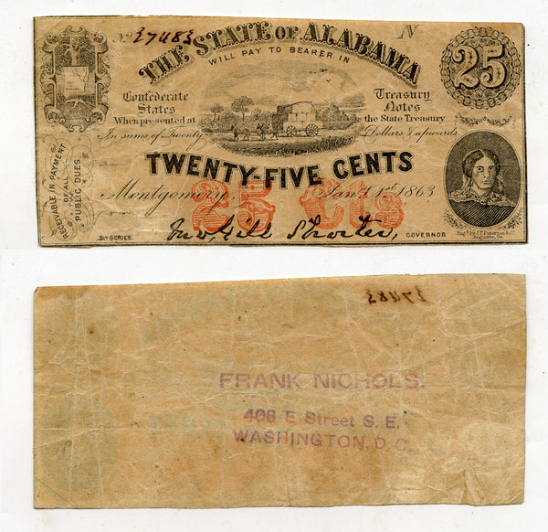 25 cent banknote, State of Alabama, civil war, Confederate States, Jan.1, 1863