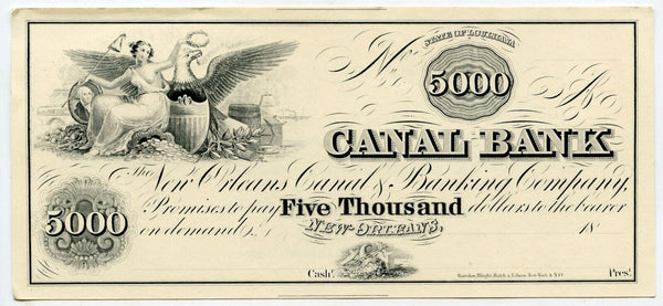 Obsolete currency - 5000$, Canal Bank of New Orleans, Intaglio Printing by ABNC, 1981
