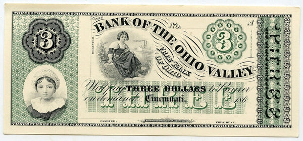 Obsolete currency - 3$, Bank of the Ohio Valley, Intaglio Printing by ABNC, 1980