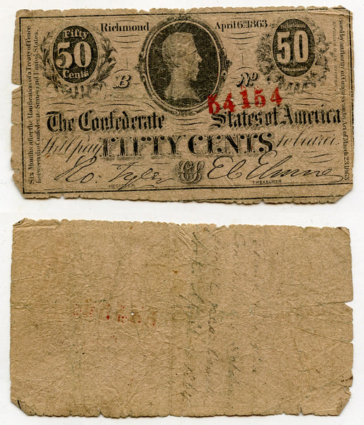 Confederate States of America (CSA) - 50 cent bill - April 6, 1863 - T-63